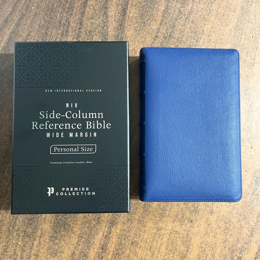 Personalized NIV Goatskin Leather Bible - Single Column Reference Wide Margin Bible Personal Size - Blue Goat Genuine Leather 9780310461135