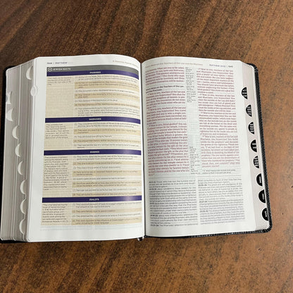 Personalized NIV Life Application Study Bible Thumb Indexed Tabs - Black European Bonded Leather-  Custom Imprinted with name 9780310465133
