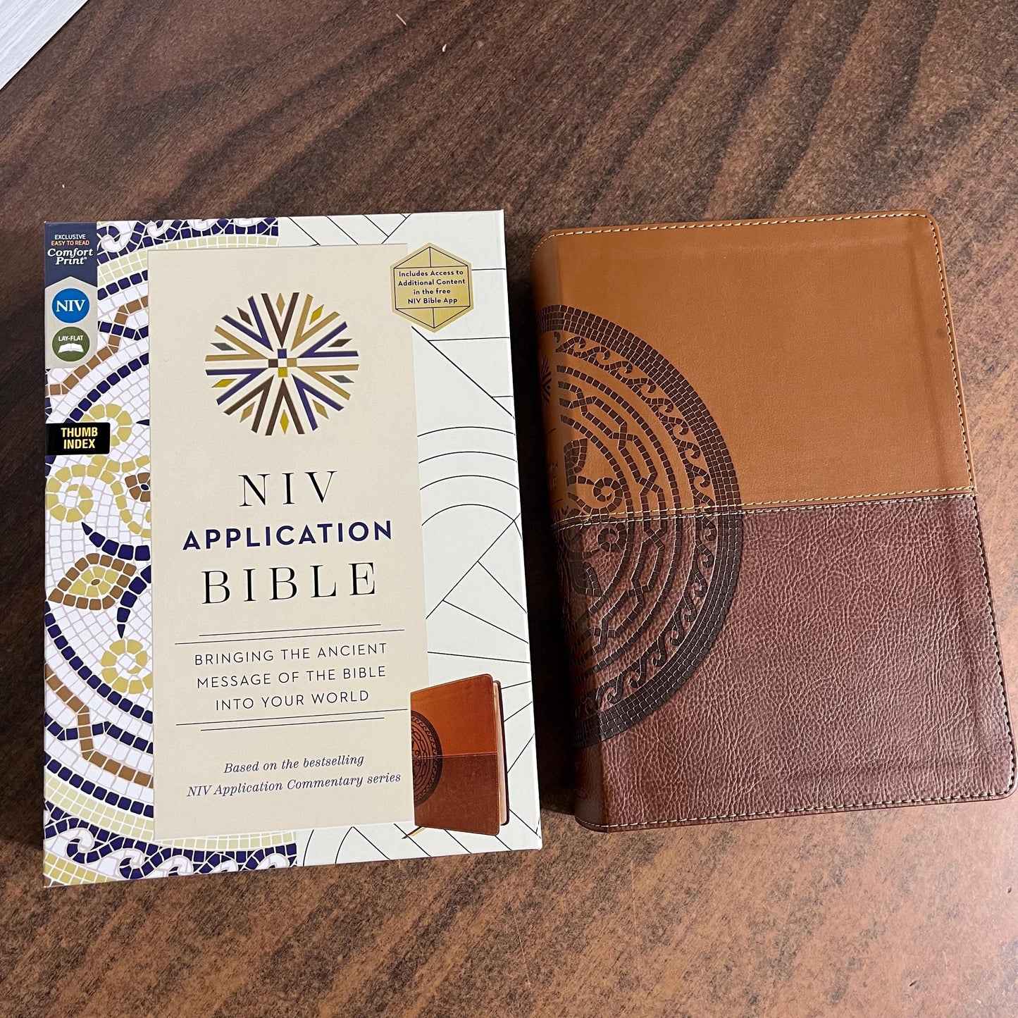 Personalized NIV Life Application Study Bible Thumb Indexed with book tabs - Brown LeatherLike - Custom Imprinted with a name, 9780310465157