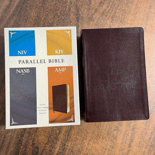 Personalized Parallel Bible - NIV / KJV / NASB 1995 / Amplified - Burgundy Bonded Leather Cover, Custom Imprinted with name 9780310446682