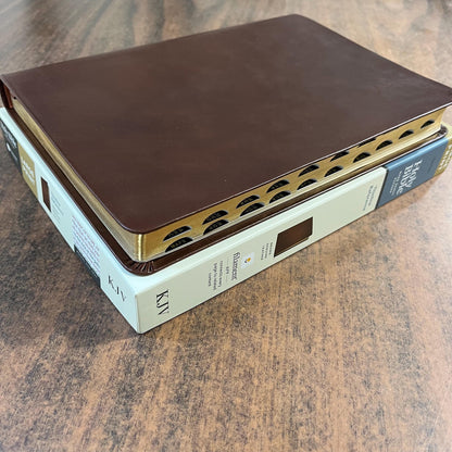 Personalized KJV Large Print Thinline Reference Bible Thumb Indexed - Brown Genuine Leather Cover - Custom Imprinted with name 9781496447265