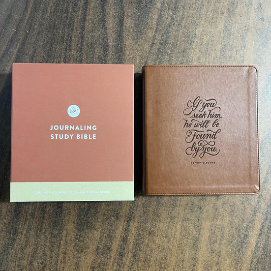Personalized ESV Journaling Study Bible - English Saddle Trutone, 1 Chronicles 28:9 Deaign, Custom Imprinted with a name, 9798874902612