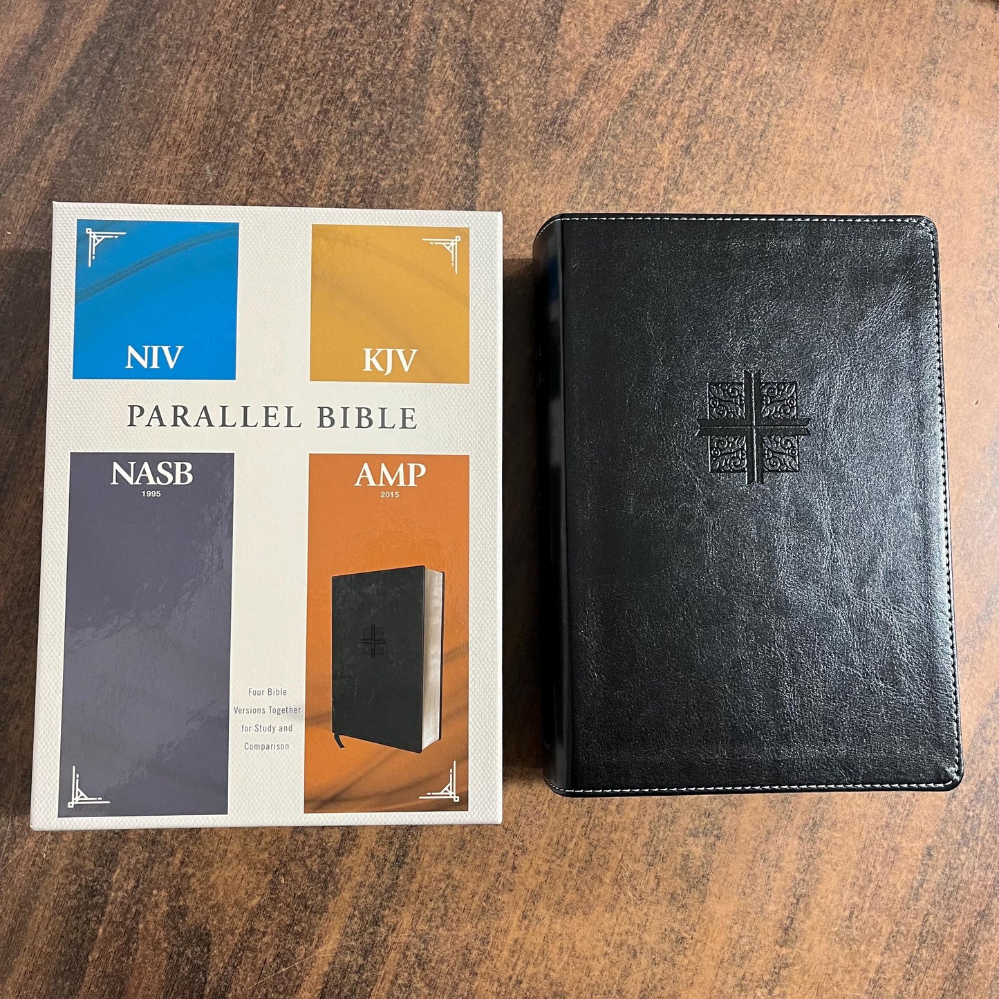 Personalized Parallel Bible - NIV / KJV / NASB 1995 / Amplified - Black LeatherSoft Cover, Custom Imprinted with name 9780310446897