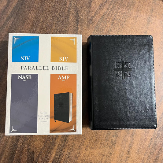 Personalized Parallel Bible - NIV / KJV / NASB 1995 / Amplified - Black LeatherSoft Cover, Custom Imprinted with name 9780310446897