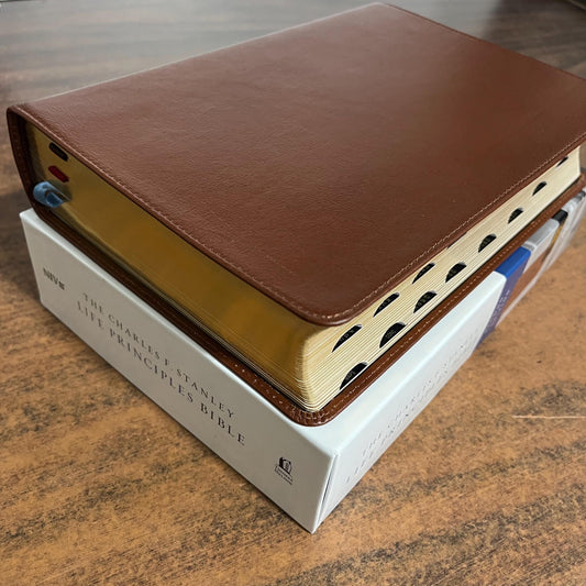 Personalized NIV Charles Stanley Life Principles Study Bible Indexed - Brown Genuine Leather, Custom Imprinted with a name 9780785225621