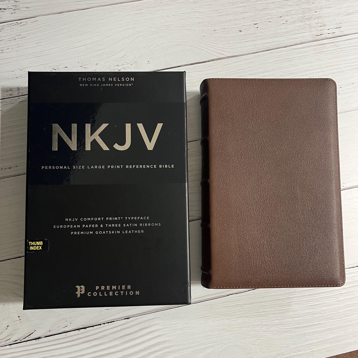Personalized NKJV Large Print Personal Size Reference Bible Thumb Indexed - Brown Goatskin Premium Genuine Leather 10.5 font 9780785258315