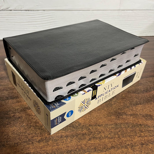 Personalized NIV Life Application Study Bible Thumb Indexed Tabs - Black European Bonded Leather-  Custom Imprinted with name 9780310465133