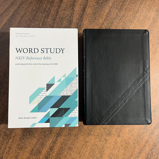 Personalized NKJV Word Study Reference Bible - Black Bonded Leather, custom imprinted with a name engraved on cover, 20spaces 9780785292869