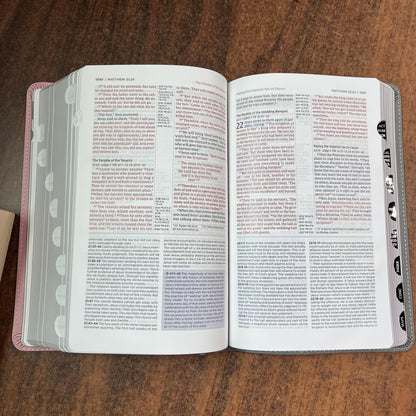 Personalized NIV Personal Size Life Application Study Bible Thumb Indexed - Pink / Gray LeatherSoft -  Custom Imprinted name 9780310465270