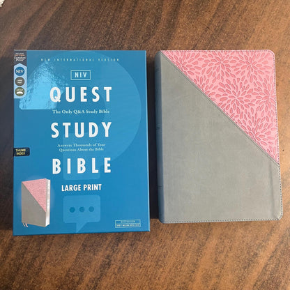 Personalized NIV Large Print Quest Study Bible Thumb Indexed - Gray / Pink LeatherSoft - Custom Imprinted with name, 9780310465983