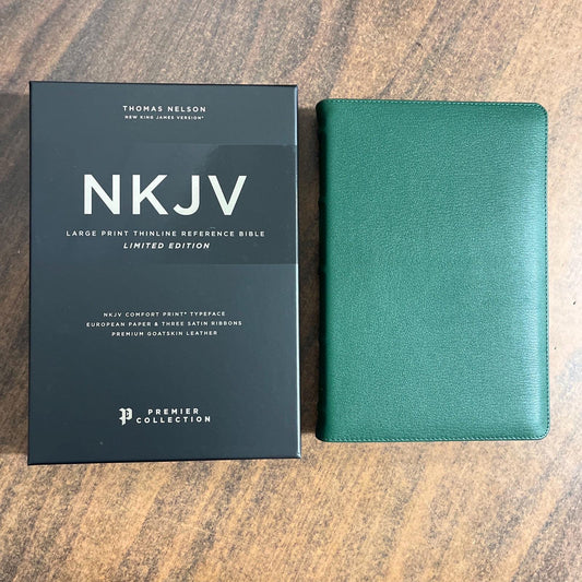Personalized NKJV Large Print Thinline Reference Bible - Green Goatskin Premium Genuine Leather, Premier Collection, Name Imprinted