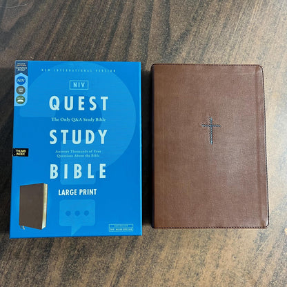 Personalized NIV Large Print Quest Study Bible Thumb Indexed - Brown LeatherSoft - Custom Imprinted with name, 9780310465867