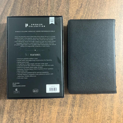 Personalized NKJV Single Column Reference Premier Collection Bible - Black Goatskin Premium Genuine Leather, Custom Imprinted 9781400349081
