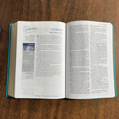 Personalized NIV Womens Devotional Bible Large Print - Teal Leathersoft Cover - Custom Imprinted with a name 9780310461005