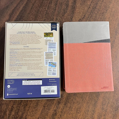 Personalized NIV Life Application Study Bible Thumb Indexed with Tabs - Coral / Gray LeatherSoft -Custom Imprinted with a name 9780310465171