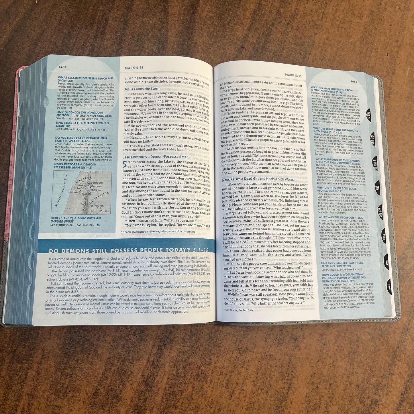 Personalized NIV Large Print Quest Study Bible Thumb Indexed - Gray / Pink LeatherSoft - Custom Imprinted with name, 9780310465983