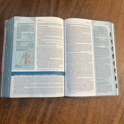 Personalized NIV Large Print Quest Study Bible Thumb Indexed - Gray / Pink LeatherSoft - Custom Imprinted with name, 9780310465983