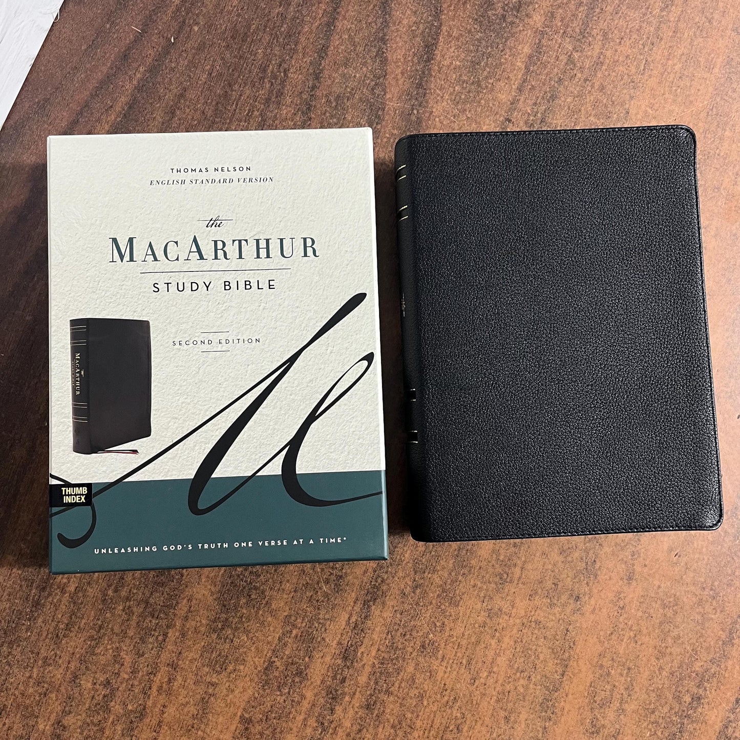 Personalized ESV MacArthur Study Bible Thumb Indexed, Black Genuine Leather, Custom Name Engraved Imprinted, ISBN 9780785247050