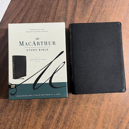 Personalized ESV MacArthur Study Bible Thumb Indexed, Black Genuine Leather, Custom Name Engraved Imprinted, ISBN 9780785247050