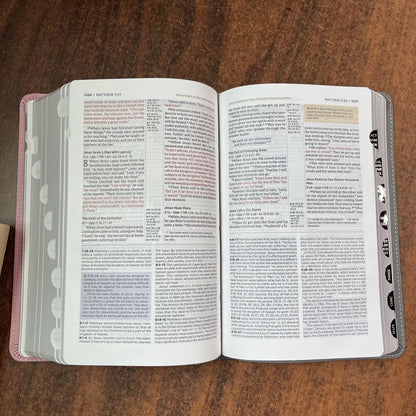 Personalized NIV Personal Size Life Application Study Bible Thumb Indexed - Pink / Gray LeatherSoft -  Custom Imprinted name 9780310465270