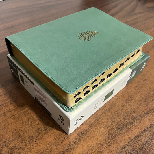 Personalized NLT Wide Margin Bible Thumb Indexed Journaling Edition - Sage Green LeatherLike, Palm - Imprinted name, Single 9798400506925