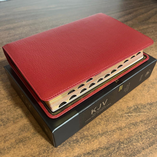 Personalized KJV Large Print Single Column Reference Bible Thumb Indexed - Red Goatskin Genuine Leather, Custom Imprinted name 9780785295174
