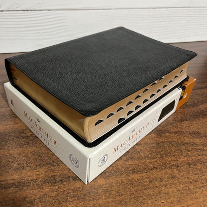 Personalized LSB MacArthur Study Bible Thumb Indexed - Black Genuine Leather - Custom Imprinted a name, Legacy Standard Bible, 9781400339761