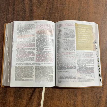 Personalized NLT Every Womans Bible Thumb Indexed - Camel Brown Genuine Leather - Custom Imprinted, name, Devotional Study, 9798400503092