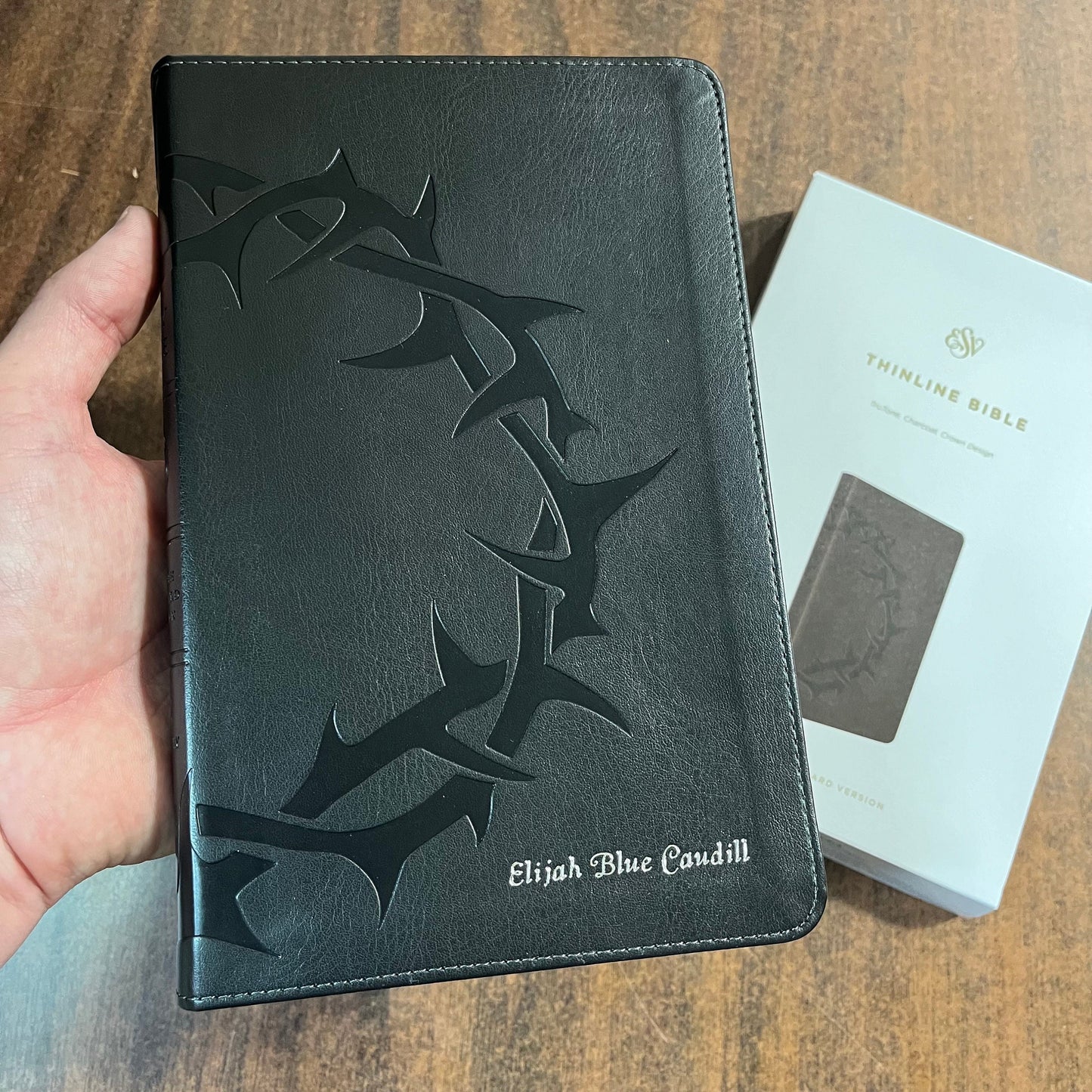 Personalized ESV Thinline Bible - Charcoal Crown of Thorns Trutone Cover - Custom Imprinted with a name - 9798874903565