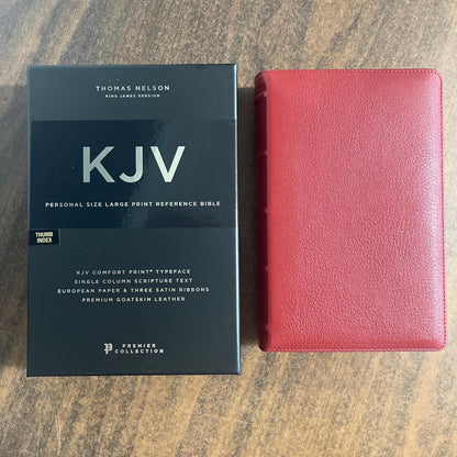 Personalized KJV Large Print Single Column Reference Bible Thumb Indexed - Red Goatskin Genuine Leather, Custom Imprinted name 9780785295174