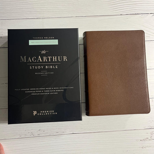Personalized NASB MacArthur Study Bible, Brown Premium Genuine Goatskin Leather, Premier Collection,  ISBN 9780785230892 NASB 1995