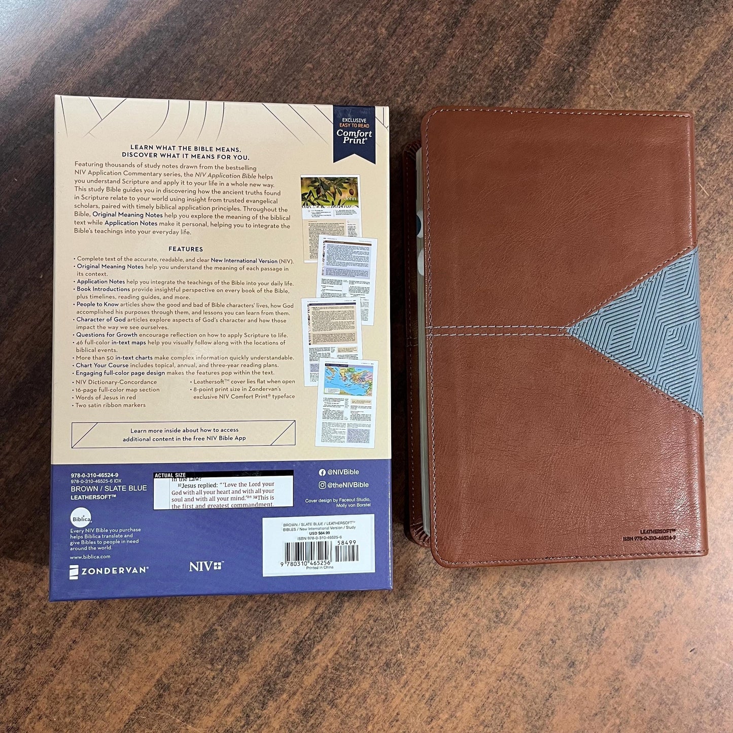 Personalized NIV Personal Size Life Application Study Bible Thumb Indexed - Brown / Slate Blue LeatherSoft -  Custom Imprinted 9780310465256