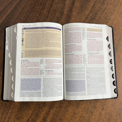 Personalized NIV Life Application Study Bible Thumb Indexed Tabs - Black European Bonded Leather-  Custom Imprinted with name 9780310465133