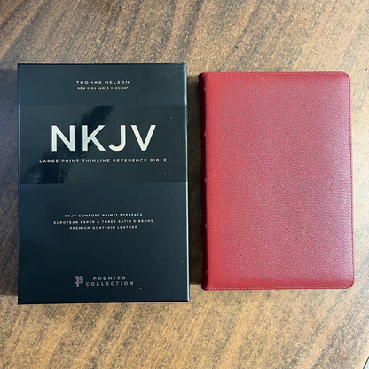 Personalized NKJV Large Print Thinline Reference Bible - Red Goatskin Premium Genuine Leather, Premier, 9781400350582