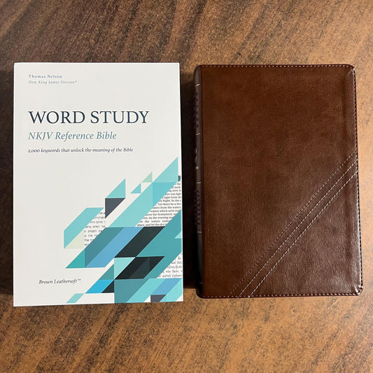 Personalized NKJV Word Study Reference Bible - Brown LeatherSoft, custom imprinted with a name engraved on cover, 20spaces 9780785292838