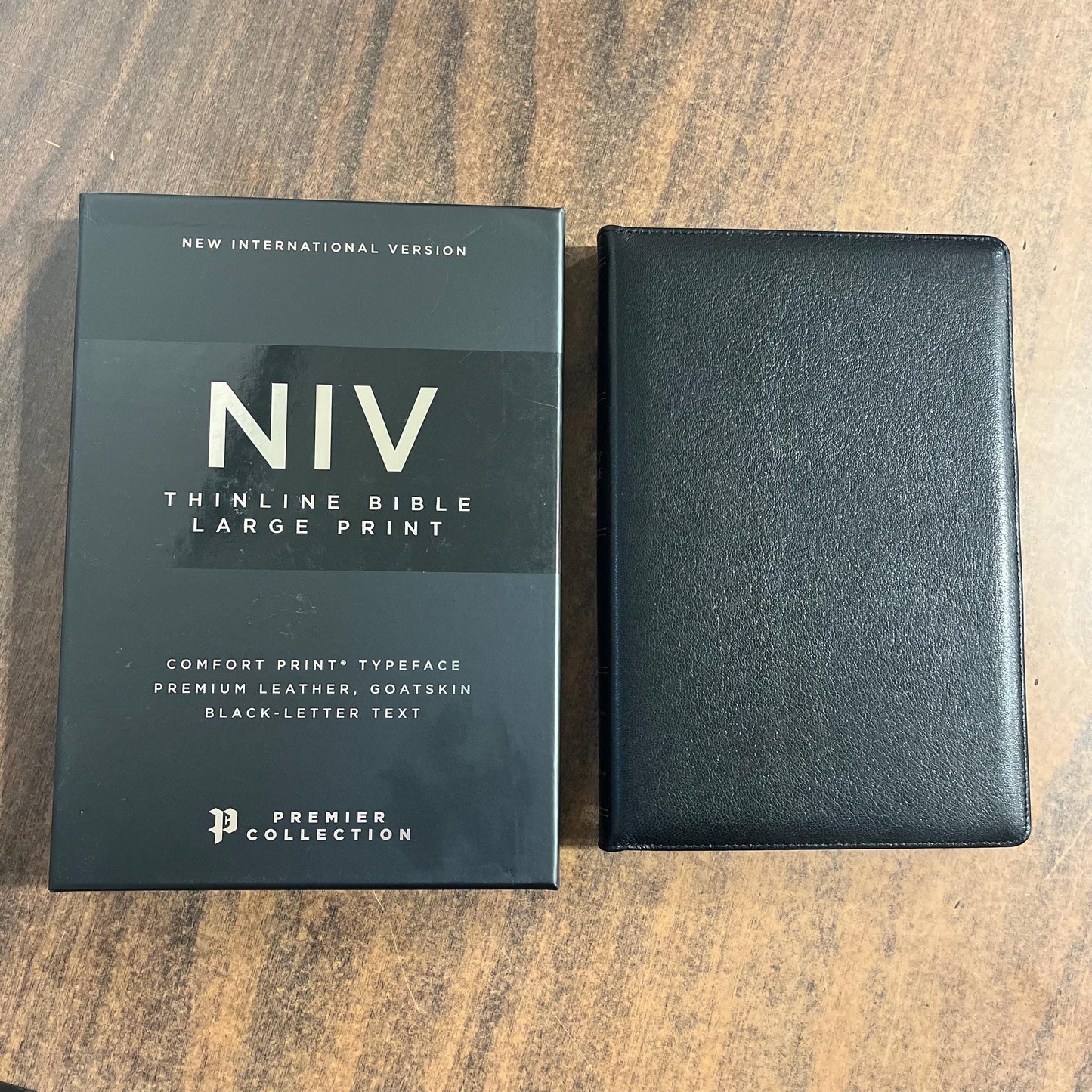 Personalized NIV Large Print Thinline Bible - Black Goatskin Genuine Leather - Custom Imprinted with name engraved 9780310450894