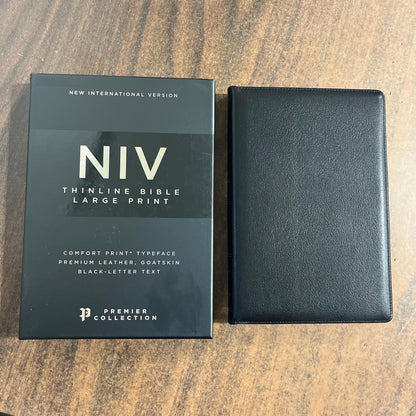 Personalized NIV Large Print Thinline Bible - Black Goatskin Genuine Leather - Custom Imprinted with name engraved 9780310450894