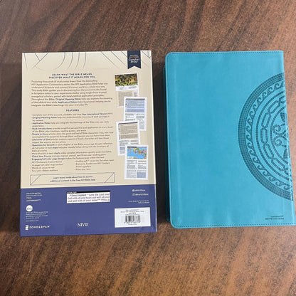 Personalized NIV Large Print Application Study Bible Thumb Indexed - Teal LeatherSoft 9780310467779 (Update to Life Application Bible)
