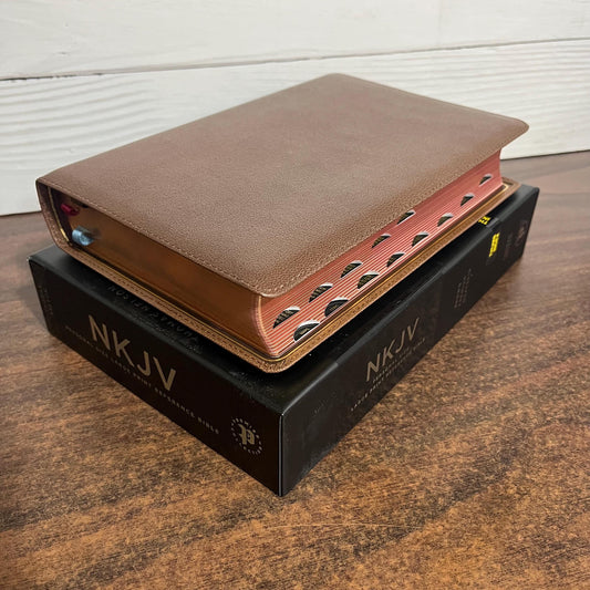 Personalized NKJV Large Print Personal Size Reference Bible Thumb Indexed - Brown Goatskin Premium Genuine Leather 10.5 font 9780785258315