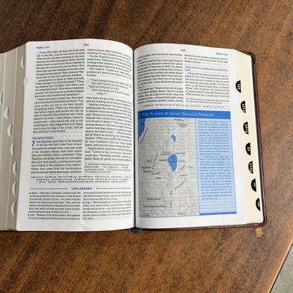 Personalized NIV Charles Stanley Life Principles Study Bible Indexed - Brown Genuine Leather, Custom Imprinted with a name 9780785225621