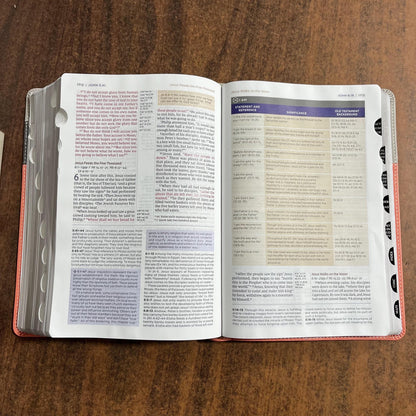 Personalized NIV Life Application Study Bible Thumb Indexed with Tabs - Coral / Gray LeatherSoft -Custom Imprinted with a name 9780310465171