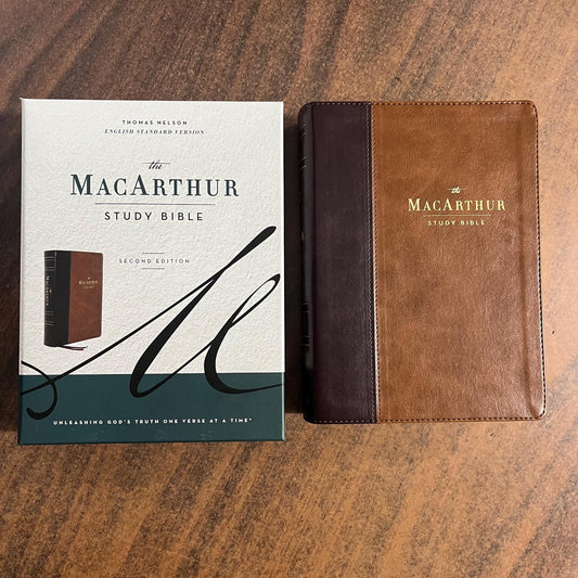 Personalized ESV MacArthur Study Bible, Brown LeatherSoft, Custom Imprinted with a name engraved on cover, ISBN 9780785235521