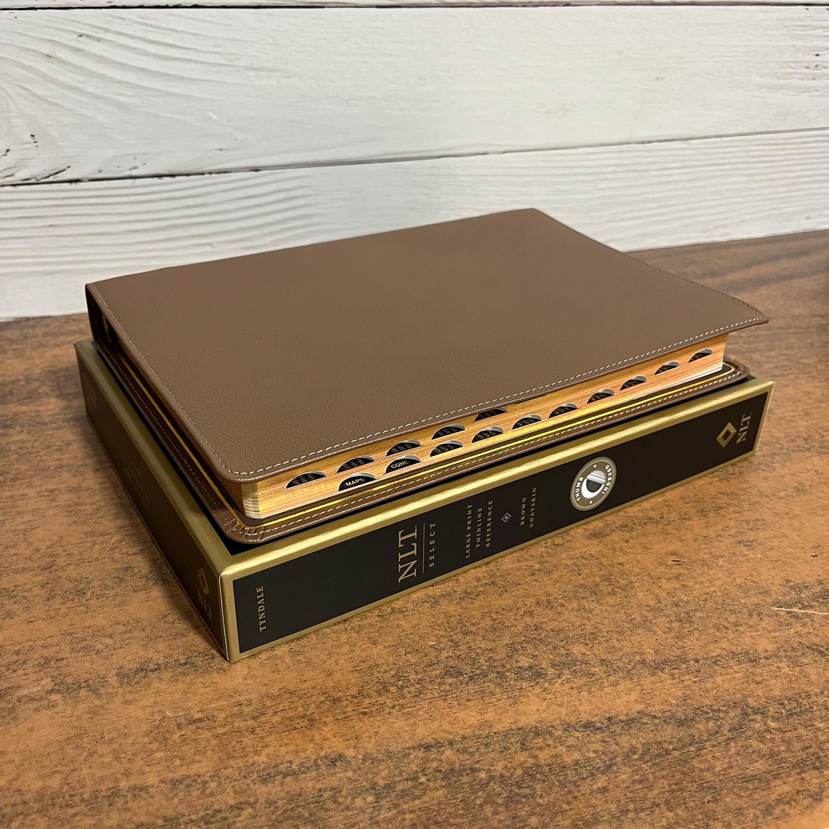Personalized NLT Tyndale Select Large Print Thinline Reference Bible Thumb Indexed - Brown Goatskin Genuine Leather - Custom, 9798400506574
