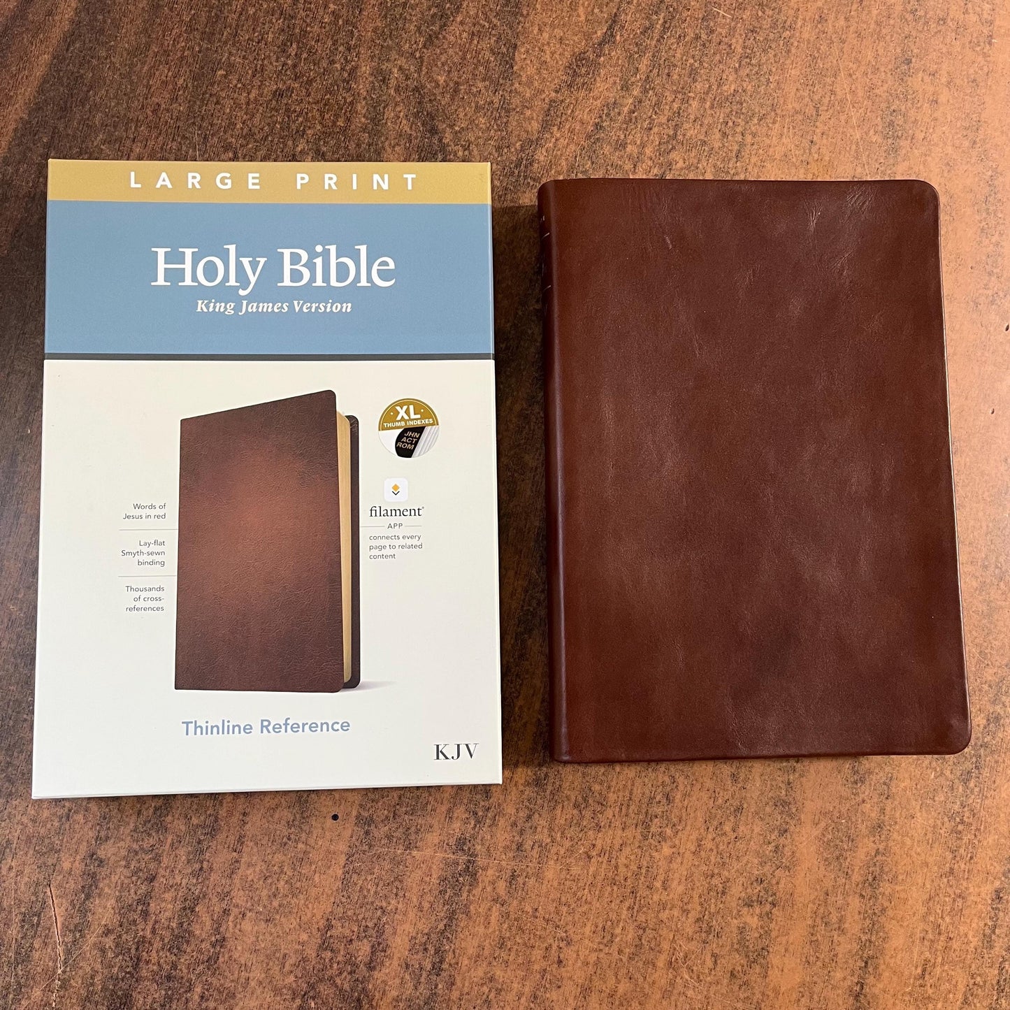 Personalized KJV Large Print Thinline Reference Bible Thumb Indexed - Brown Genuine Leather Cover - Custom Imprinted with name 9781496447265