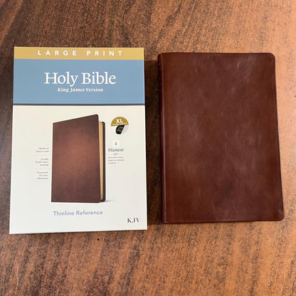 Personalized KJV Large Print Thinline Reference Bible Thumb Indexed - Brown Genuine Leather Cover - Custom Imprinted with name 9781496447265