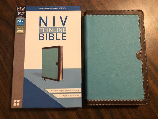 Personalized NIV Thinline Bible - Turquoise / Brown Duotone ** Custom Imprinted with name