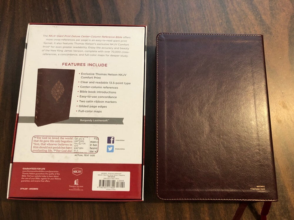 PERSONALIZED NKJV Giant Print Center Column Reference Bible - Burgundy Leathersoft ** Custom Imprinted, large print