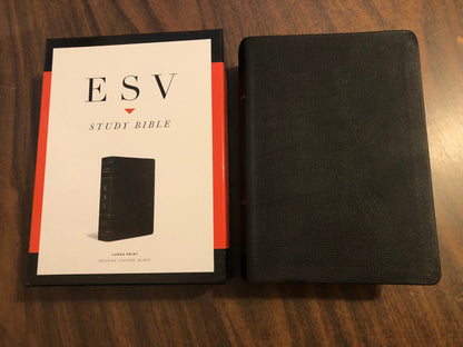 Personalized ESV Large Print Study Bible Thumb Indexed - Black Genuine Leather ** Custom Imprinted