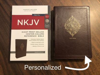 PERSONALIZED NKJV Giant Print Center Column Reference Bible - Burgundy Leathersoft ** Custom Imprinted, large print