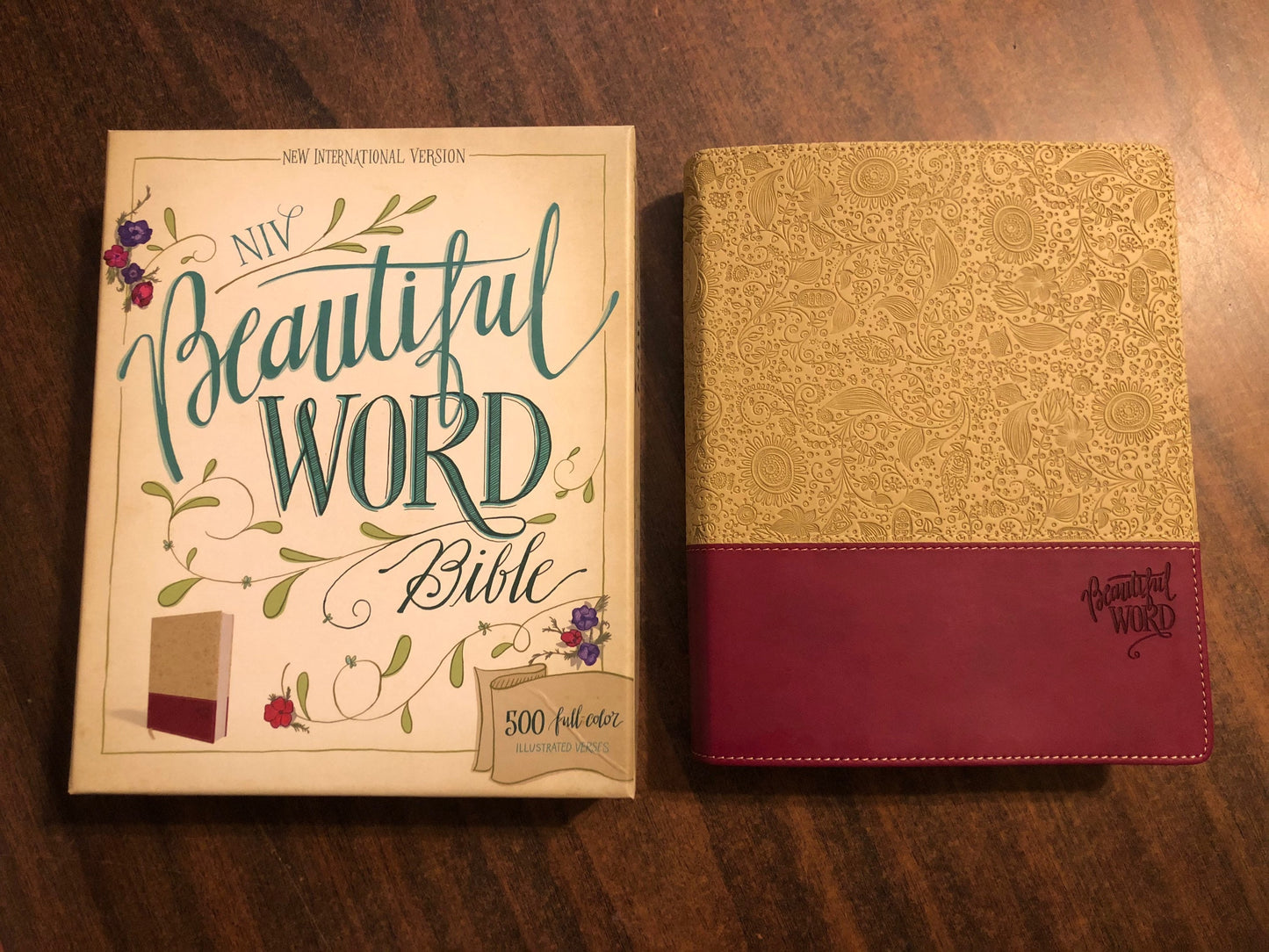 Personalized NIV Beautiful Word Bible - Taupe / Cranberry Duotone ** Custom Imprinted, bible with journaling space, art journaling bible